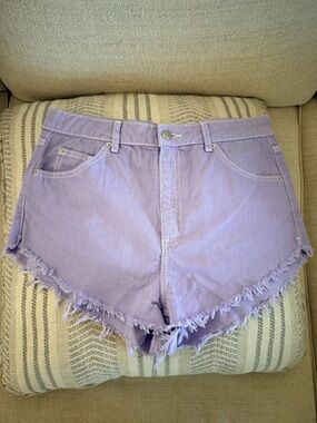 Top Shop Moto Kiri | Women's Lavender High-Waist Frayed Denim Shorts